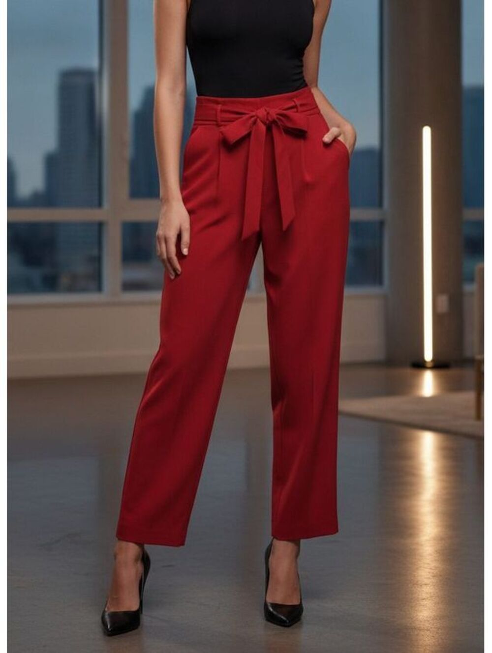 H&M Red Tapered Cropped Tie Waist Pants Size 6 Minimalist Chic